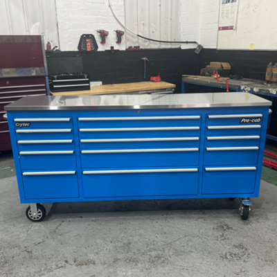 Crytec 72" Heavy Duty Blue Pro Tool Cabinet With Stainless Steel Top And Castor Wheels
