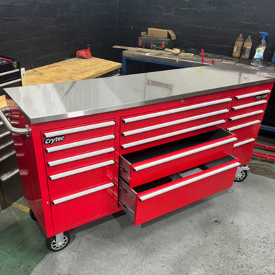 Crytec 72" Heavy Duty Red Pro Tool Cabinet With Stainless Steel Top And Castor Wheels