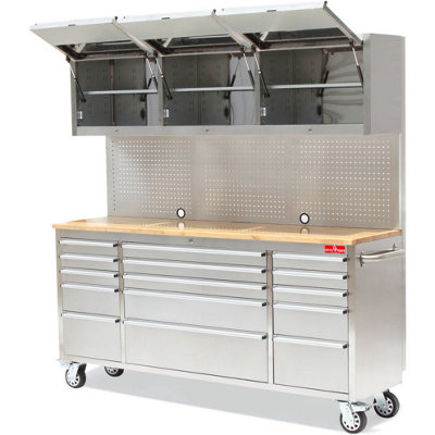 Crytec 72 Inch Stainless Steel Workstation with 15 Drawers Peg Board Wall and 3 x Overhead Cabinets