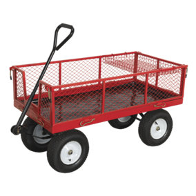 CST806 Heavy Duty Fold Down Sides Platform Truck  - Pneumatic Wheels, 450kg Capacity, Red