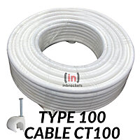 CT100 Satellite Digital TV Aerial Coax Cable Coaxial type 100 CAI Approved UK White 10 Metres 2 Clips Per Metre