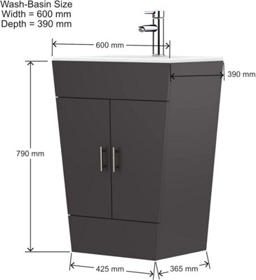 CUAWI 600 mm Floor Standing Grey Vanity Unit with Basin  790mm X 600mm X 365mm - Tap & Waste + Vanity