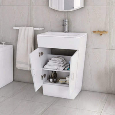 CUAWI 600 mm Floor Standing White Vanity Unit with Basin  790mm X 600mm X 365mm Bottle Drainer + Tap & Waste + Vanity