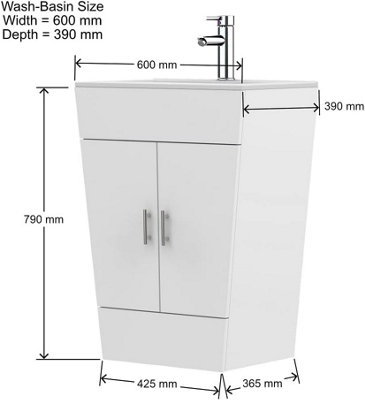 CUAWI 600 mm Floor Standing White Vanity Unit with Basin  790mm X 600mm X 365mm Bottle Drainer + Tap & Waste + Vanity
