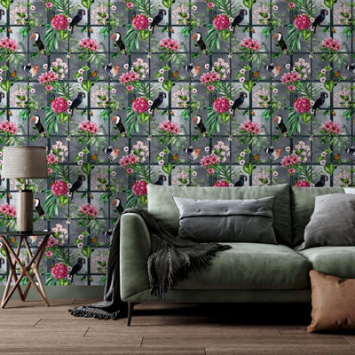 Papier Peint Perroquet D'oiseaux Tropicaux Vintage Dans Des Feuilles