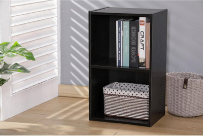 Cube Bookshelf 2 Tier Storage Organiser Black Wooden Shelving Display Open Bookcase For Home Living Room Office Bedroom