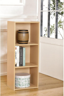 Cube Bookshelf 3 Tier Storage Organiser Beech Wooden Shelving Display Open Bookcase For Home Living Room Office Bedro