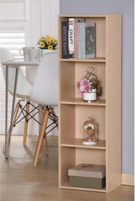 Cube Bookshelf 4 Tier Storage Organiser Beech Wooden Shelving Display Open Bookcase For Home Living Room Office Bedroom Furniture