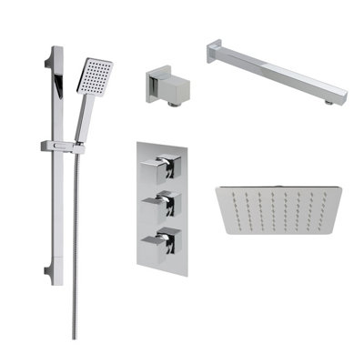 Cube Square Triple Concealed Shower Valve with Wall Arm / Shower Head / Sliding Rail Kit & Wall