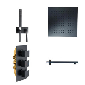Cube Square Triple Concealed Shower Valve with Wall Arm / Shower Head & Wall Elbow Handset & Hose Matt Black
