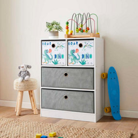 Cube Storage Unit with Dino Print and Long Grey Drawers