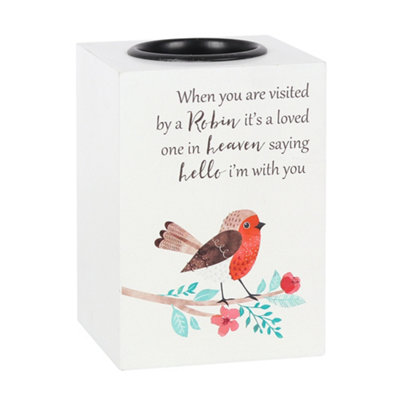 Cube Tealight Holder with a Robin Print and Visited Message (H) 10 cm