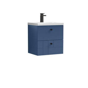Cube Wall Hung 2 Drawer Geometric Vanity Basin Unit & Ceramic Mid-Edge Basin - 500mm - Satin Blue with Black Round Handles