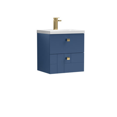 Cube Wall Hung 2 Drawer Geometric Vanity Basin Unit & Ceramic Mid-Edge Basin - 500mm - Satin Blue with Brushed Brass Drop Handles