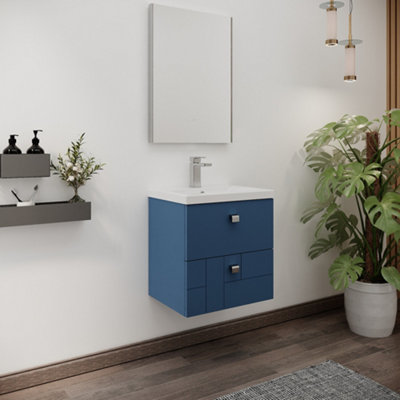 Cube Wall Hung 2 Drawer Geometric Vanity Basin Unit & Ceramic Mid-Edge Basin - 500mm - Satin Blue with Chrome Round Handles