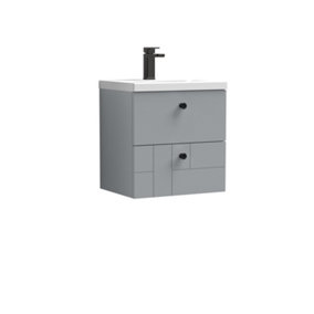 Cube Wall Hung 2 Drawer Geometric Vanity Basin Unit & Ceramic Mid-Edge Basin - 500mm - Satin Grey with Black Round Handles