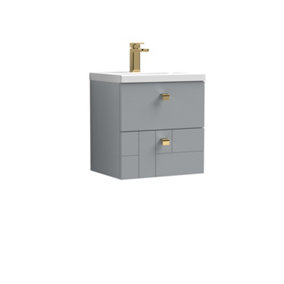 Cube Wall Hung 2 Drawer Geometric Vanity Basin Unit & Ceramic Mid-Edge Basin - 500mm - Satin Grey with Brushed Brass Drop Handles