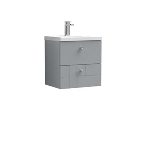 Cube Wall Hung 2 Drawer Geometric Vanity Basin Unit & Ceramic Mid-Edge Basin - 500mm - Satin Grey with Chrome Round Handles