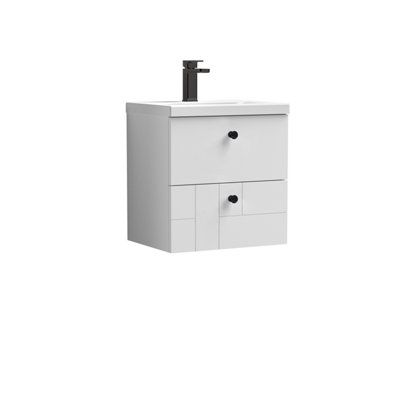 Cube Wall Hung 2 Drawer Geometric Vanity Basin Unit & Ceramic Mid-Edge Basin - 500mm - Satin White with Black Round Handles