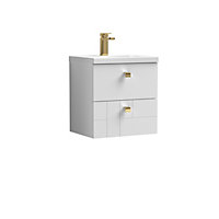Cube Wall Hung 2 Drawer Geometric Vanity Basin Unit & Ceramic Mid-Edge Basin - 500mm - Satin White with Brushed Brass Drop Handles