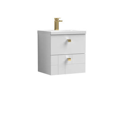 Cube Wall Hung 2 Drawer Geometric Vanity Basin Unit & Ceramic Mid-Edge Basin - 500mm - Satin White with Brushed Brass Drop Handles