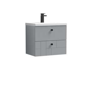 Cube Wall Hung 2 Drawer Geometric Vanity Basin Unit & Ceramic Mid-Edge Basin - 600mm - Satin Grey with Black Round Handles