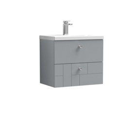 Cube Wall Hung 2 Drawer Geometric Vanity Basin Unit & Ceramic Mid-Edge Basin - 600mm - Satin Grey with Chrome Round Handles