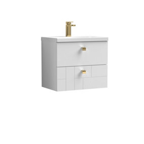 Cube Wall Hung 2 Drawer Geometric Vanity Basin Unit & Ceramic Mid-Edge Basin - 600mm - Satin White with Brushed Brass Drop Handles