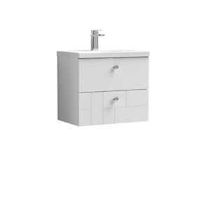 Cube Wall Hung 2 Drawer Geometric Vanity Basin Unit & Ceramic Mid-Edge Basin - 600mm - Satin White with Chrome Round Handles