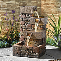 Cubic Cascading Pebble Wall Water Feature with LED lights, Self-Contained, Weatherproof Ornament for Garden, Patio & Decking