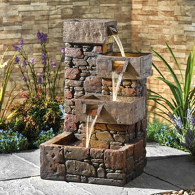 Cubic Cascading Pebble Wall Water Feature with LED lights, Self-Contained, Weatherproof Ornament for Garden, Patio & Decking