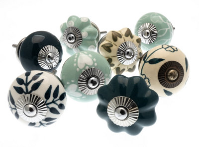 Cupboard Knobs Dark Green, Cream and Eau de Nil Green with Patterns ...