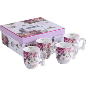 Cups Mugs Set 4 Fine China Shabby Chic Vintage Retro Design in Gift Box 330ML (Bird Rose Butterfly)
