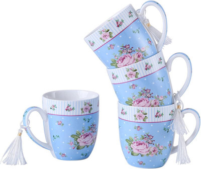 Cups Mugs Set 4 Fine China Shabby Chic Vintage Retro Design in Gift Box 330ML (Rose Blue)
