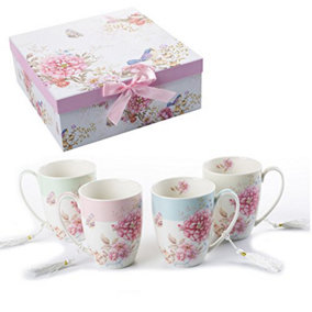 Cups Mugs Set 4 Fine China Shabby Chic Vintage Retro Design in Gift Box 330ML (Rose Pink)