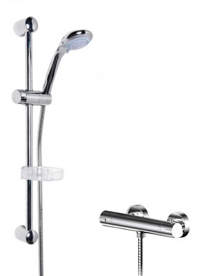 Current Round Thermostatic Bar Valve and Brass Multi Function Handset Slider Rail Kit Shower Bundle - Chrome - Balterley