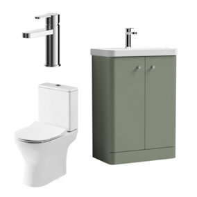 Curve Cloakroom Bundle - Floor Standing 2 Door Vanity Unit, Toilet Pan, Cistern, Seat & Mixer Tap, 600mm  Satin Green - Balterley