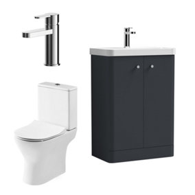 Curve Cloakroom Bundle - Floor Standing 2 Door Vanity Unit, Toilet Pan, Cistern, Seat & Mixer Tap, 600mm  Soft Black - Balterley
