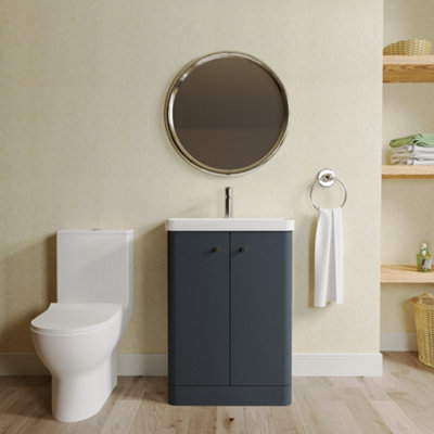Curve Cloakroom Bundle - Floor Standing 2 Door Vanity Unit, Toilet Pan, Cistern, Seat & Mixer Tap, 600mm  Soft Black - Balterley