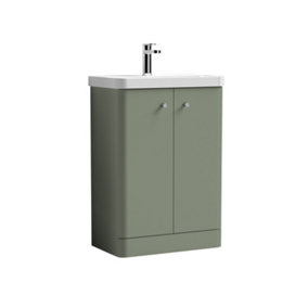 Curve Floor Standing 2 Door Vanity Basin Cloakroom Unit with Ceramic Sink - 600mm  - Satin Green