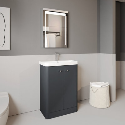 Curve Floor Standing 2 Door Vanity Unit with Ceramic Basin - 600mm  - Soft Black - Balterley