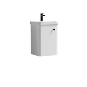 Curve Wall Hung 1 Door Vanity Basin Unit - 400mm - Gloss White with Black Round Handle (Tap Not Included)