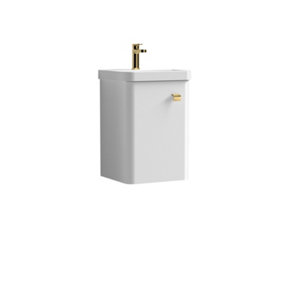 Curve Wall Hung 1 Door Vanity Basin Unit - 400mm - Gloss White with Bushed Brass Drop Handle (Tap Not Included)