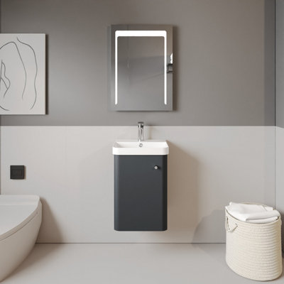 Curve Wall Hung 1 Door Vanity Unit with Ceramic Sink - 400mm  - Soft Black - Balterley