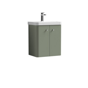 Curve Wall Hung 2 Door Vanity Basin Cloakroom Unit with Ceramic Sink - 500mm  - Satin Green