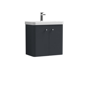Curve Wall Hung 2 Door Vanity Basin Cloakroom Unit with Ceramic Sink - 600mm  - Satin Anthracite