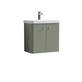 Curve Wall Hung 2 Door Vanity Basin Cloakroom Unit with Ceramic Sink - 600mm  - Satin Green
