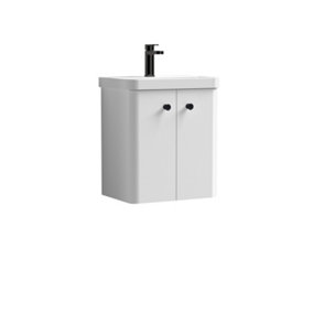Curve Wall Hung 2 Door Vanity Basin Unit - 500mm - Gloss White with Black Round Handles (Tap Not Included)