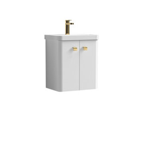 Curve Wall Hung 2 Door Vanity Basin Unit - 500mm - Gloss White with Brushed Brass Drop Handles (Tap Not Included)
