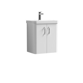 Curve Wall Hung 2 Door Vanity Basin Unit - 500mm - Gloss White with Chrome D Shape Handles (Tap Not Included)